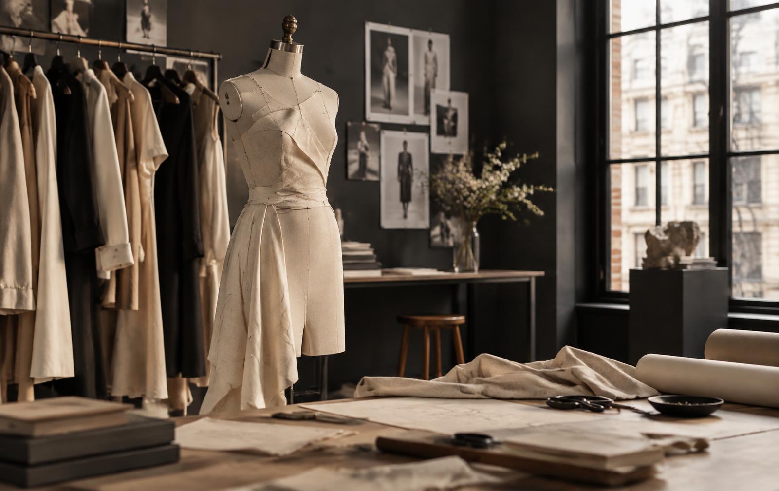 Fashion design studio with a dress form, garment rack and natural window light