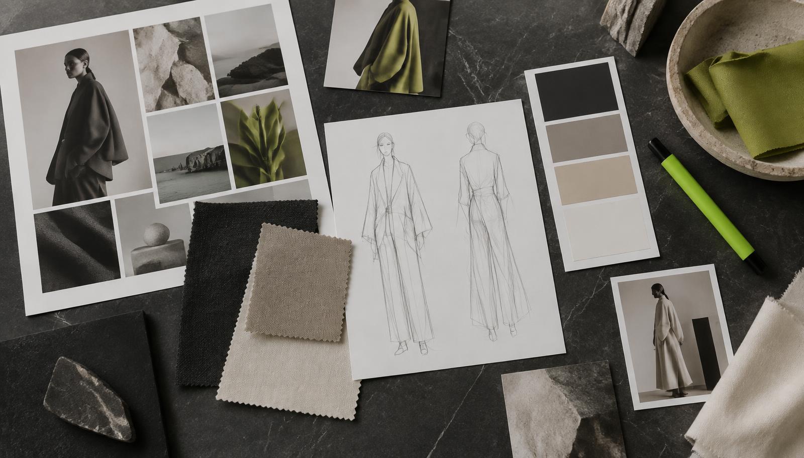 Mood boards, fabric samples and fashion sketches from a designer's process