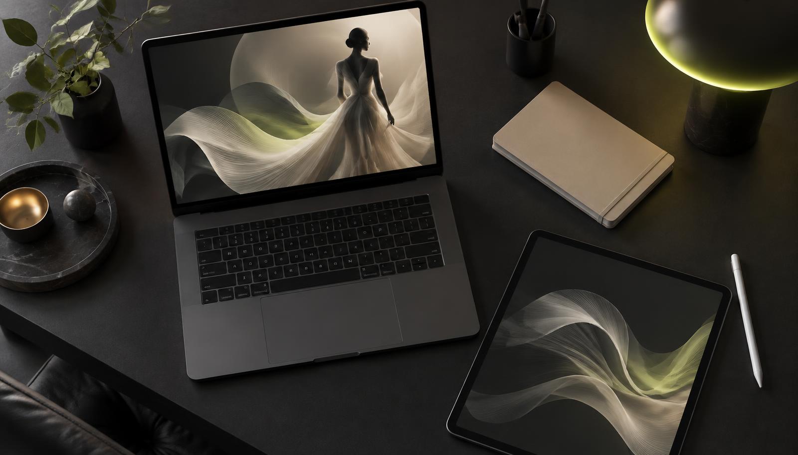 Creative workspace with a laptop and tablet showing AI-generated fashion visuals