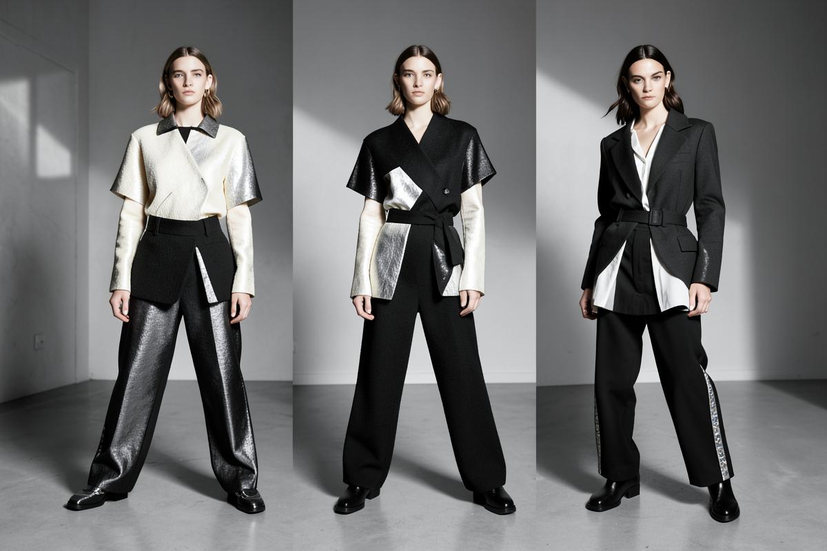 Three coordinated monochrome looks showing a capsule collection direction