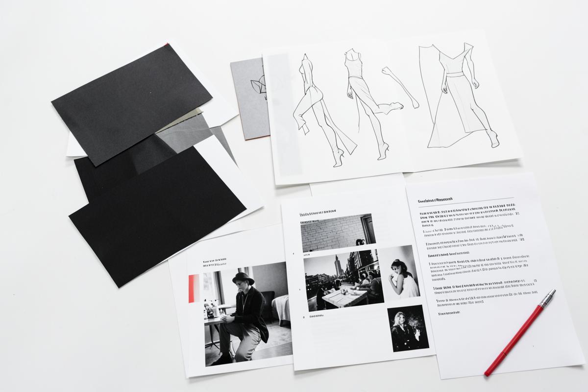Fashion sketches and research references arranged on a studio table