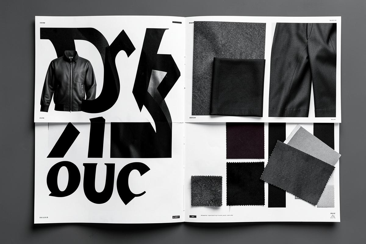 Monochrome fashion brand identity board with garments and material swatches