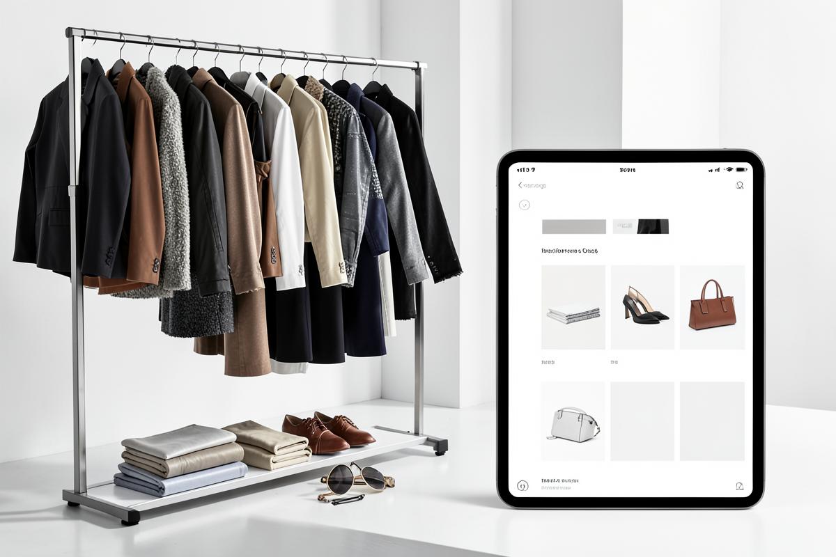 Curated fashion rail beside a clean digital store interface