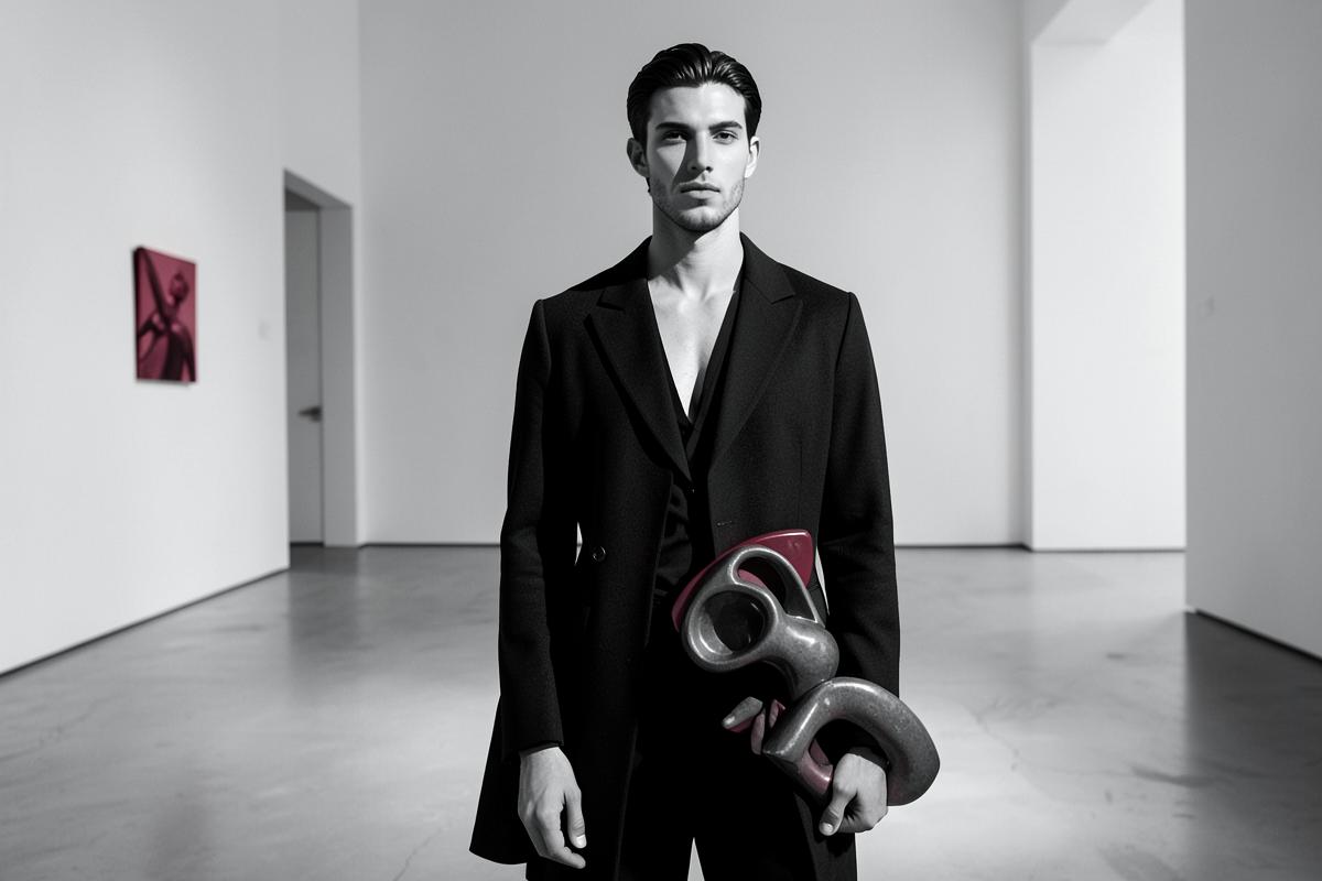 Model holding a sculptural accessory in a minimal gallery