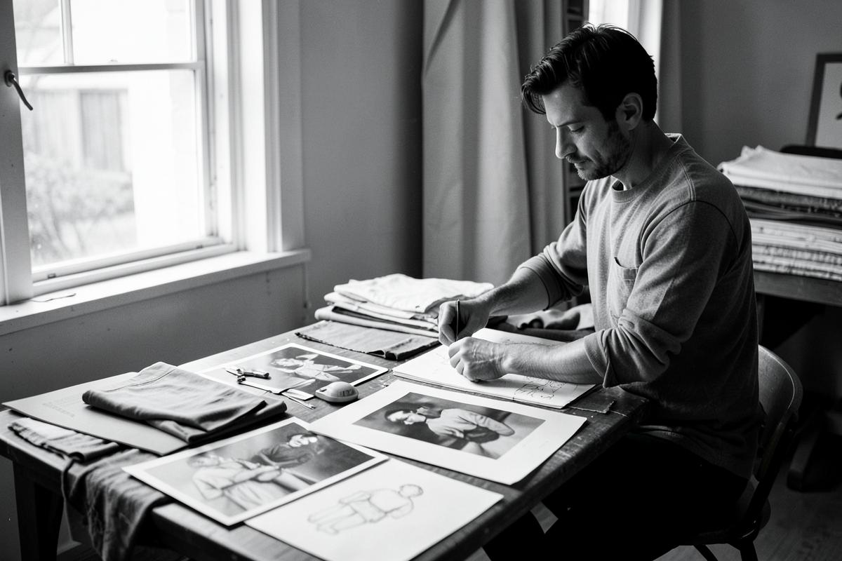 Fashion designer working with photographs, sketches and fabric in a studio