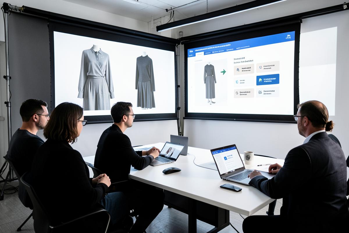 Fashion team reviewing garment images and approval controls on studio screens