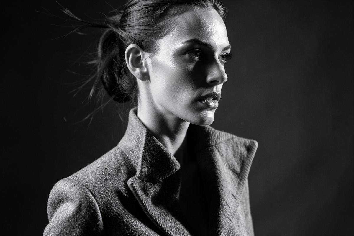 Dramatically side-lit monochrome fashion portrait