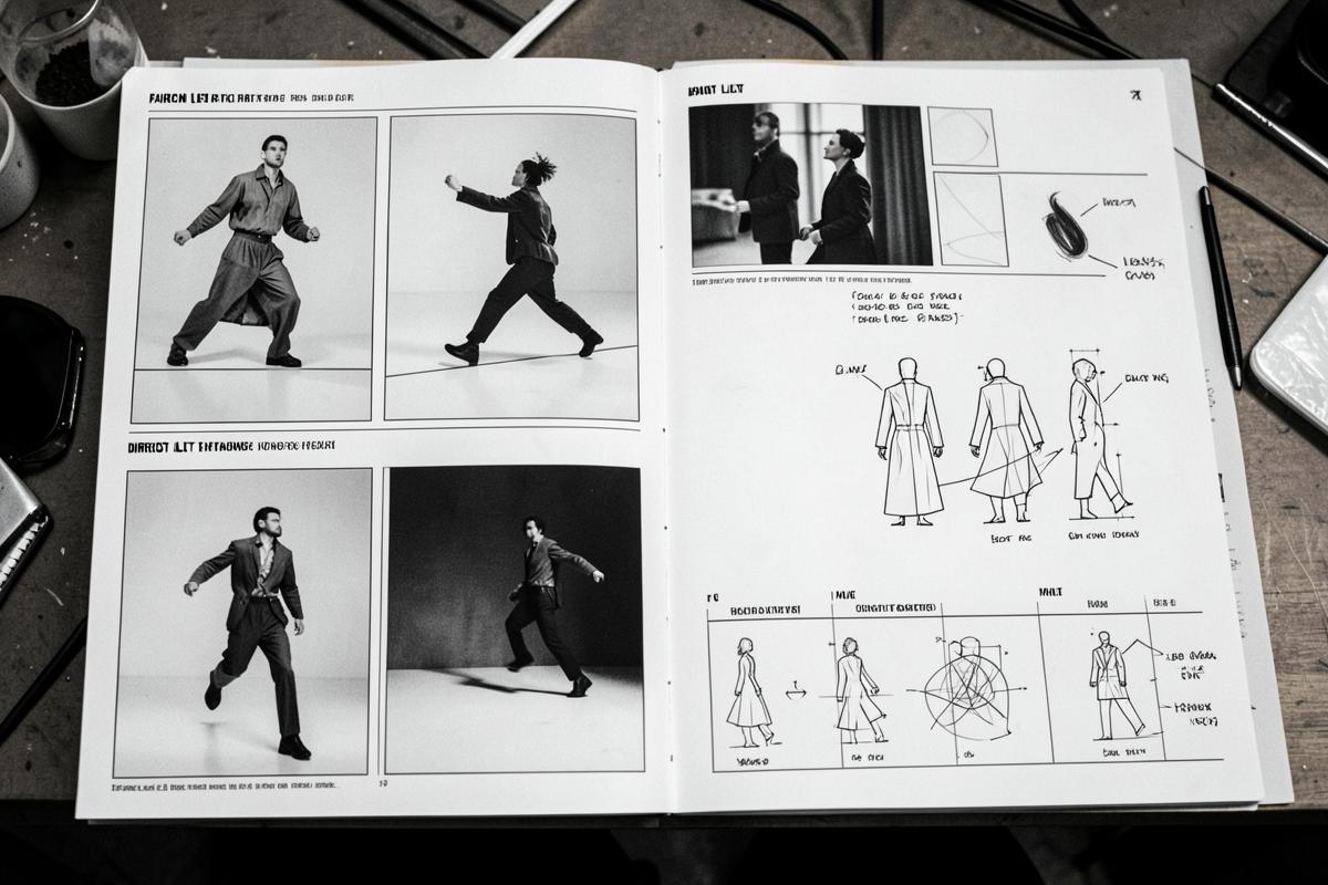 Fashion film storyboard with movement studies and shot planning