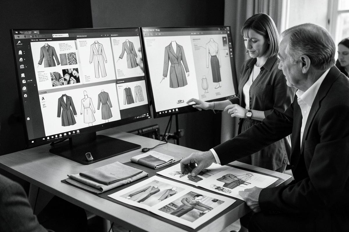 Fashion team reviewing digital garment concepts and physical samples
